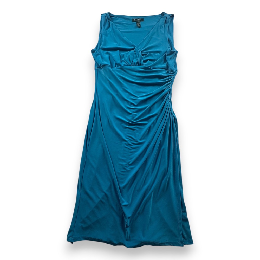 Lauren Ralph Lauren Teal Blue Ruched V-Neck Sleeveless Sheath Dress Size 12
